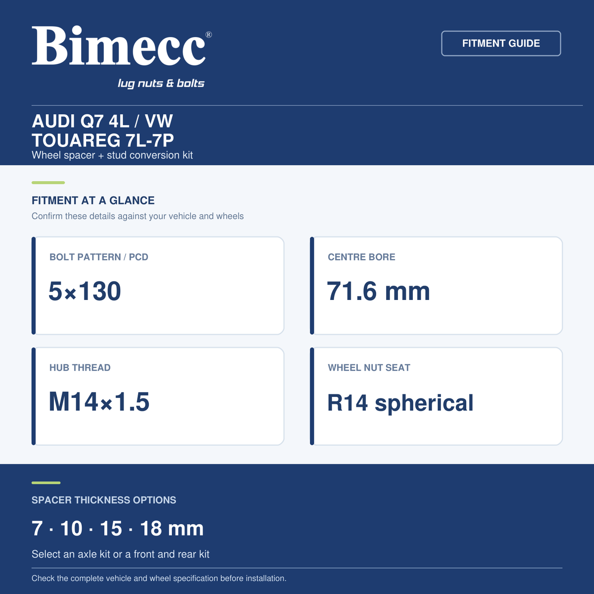 Bimecc Wheel Spacer + Stud Conversion Combo Kit - Audi Q7 4L / VW Touareg 7L-7P (5x130 / 71.6) — Bimecc branded fitment and specification guide