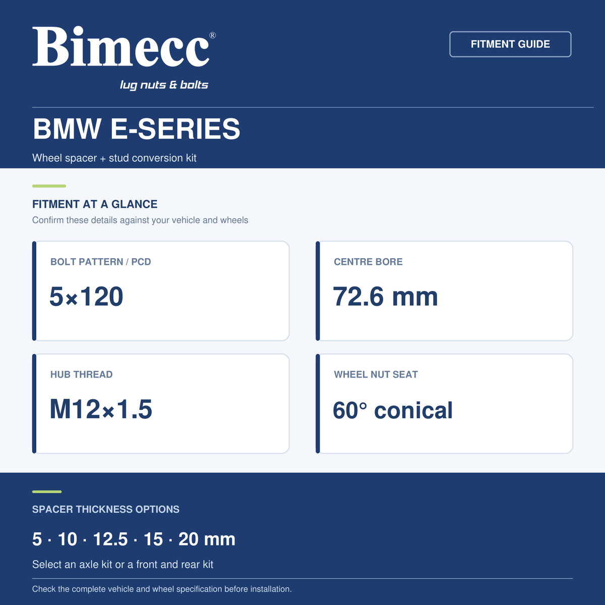 Bimecc Wheel Spacer + Stud Conversion Combo Kit - BMW E-Series (5x120 / 72.6) — Bimecc branded fitment and specification guide