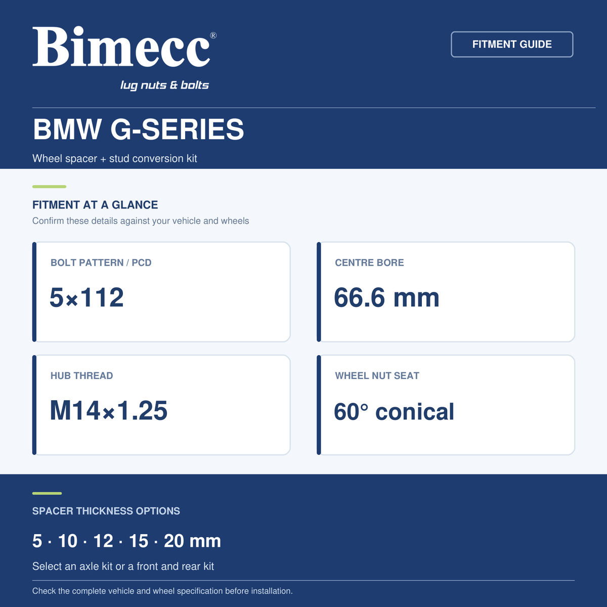 Bimecc Wheel Spacer + Stud Conversion Combo Kit - BMW G-Series (5x112 / 66.6) — Bimecc branded fitment and specification guide