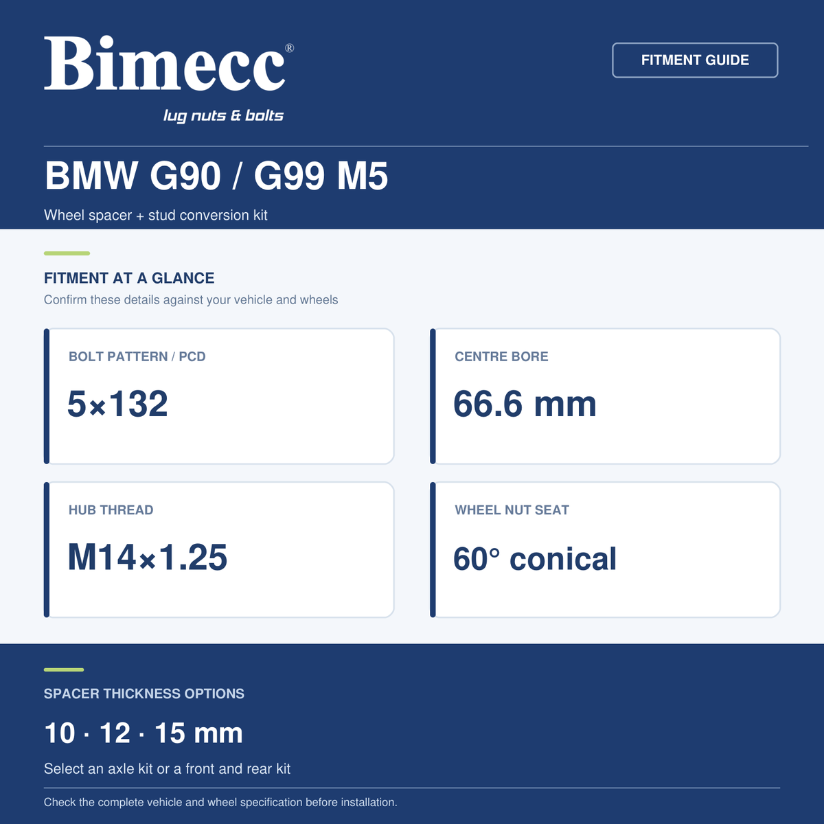 Bimecc Wheel Spacer + Stud Conversion Combo Kit - BMW G90 / G99 M5 (5x132 / 66.6) — Bimecc branded fitment and specification guide