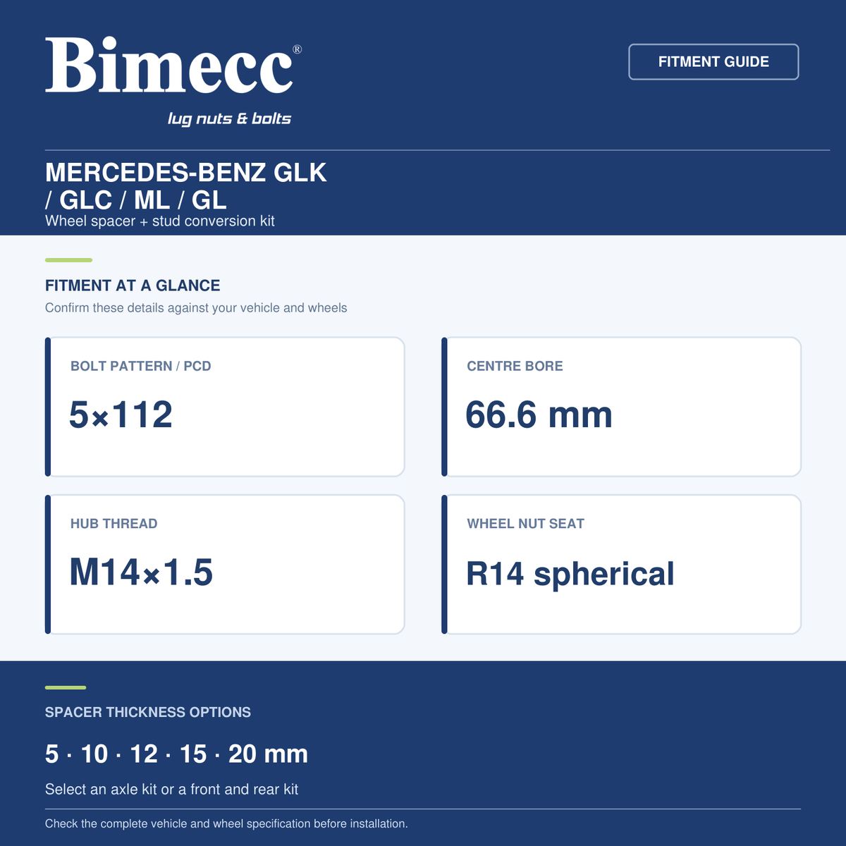 Bimecc Wheel Spacer + Stud Conversion Combo Kit - Mercedes-Benz GLK / GLC / ML / GL (5x112 / 66.6) — Bimecc branded fitment and specification guide
