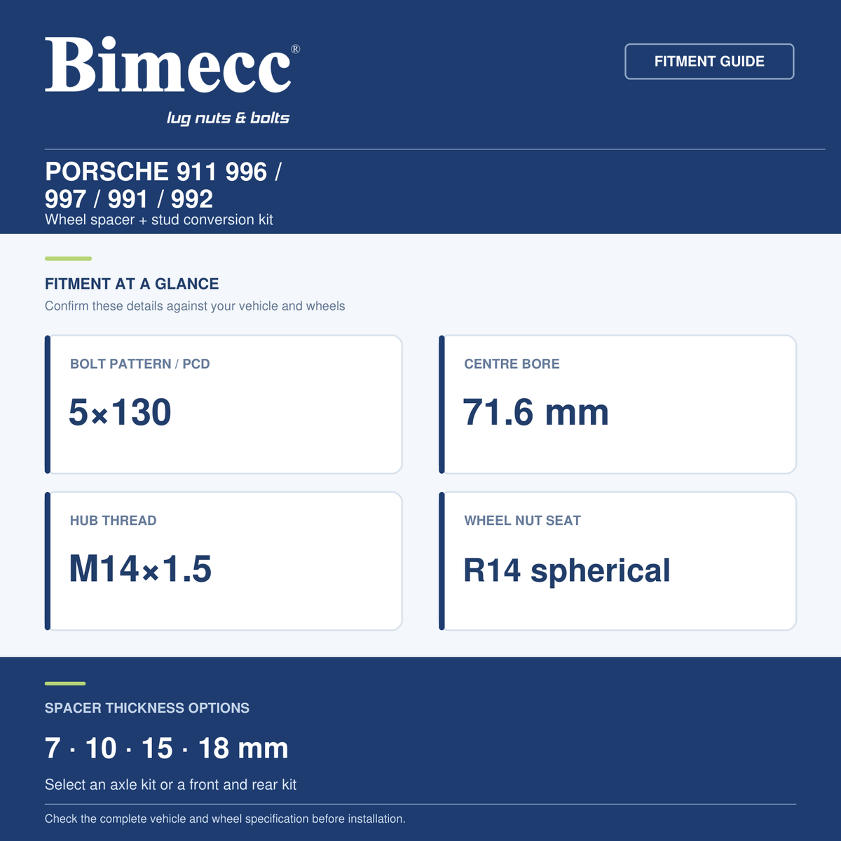 Bimecc Wheel Spacer + Stud Conversion Combo Kit - Porsche 911 996 / 997 / 991 / 992 (5x130 / 71.6) — Bimecc branded fitment and specification guide