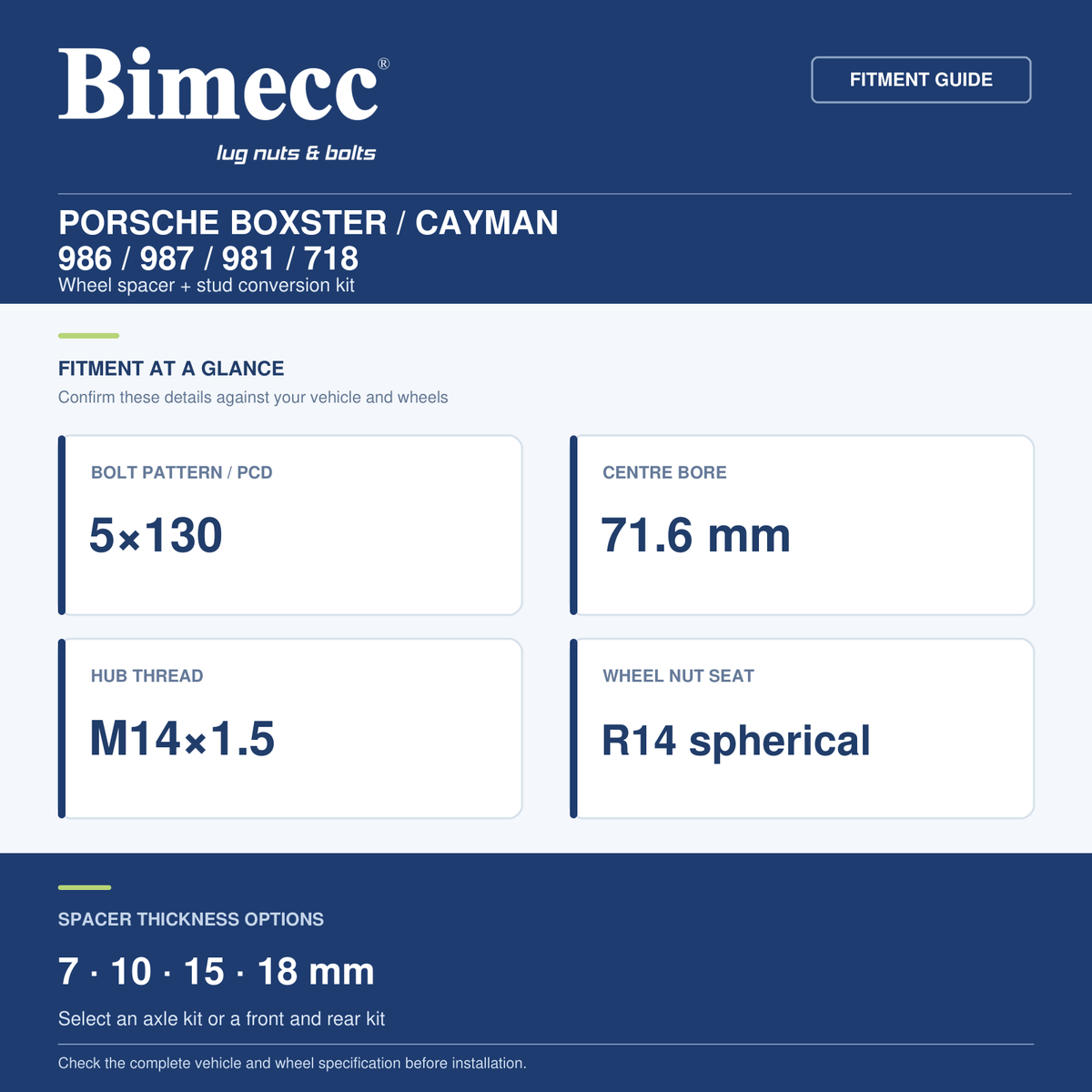Bimecc Wheel Spacer + Stud Conversion Combo Kit - Porsche Boxster / Cayman 986 / 987 / 981 / 718 (5X130 / 71.6) — Bimecc branded fitment and specification guide