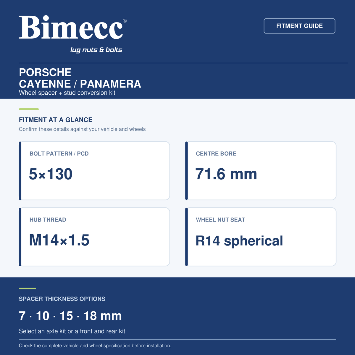 Bimecc Wheel Spacer + Stud Conversion Combo Kit - Porsche Cayenne / Panamera (5x130 / 71.6) — Bimecc branded fitment and specification guide
