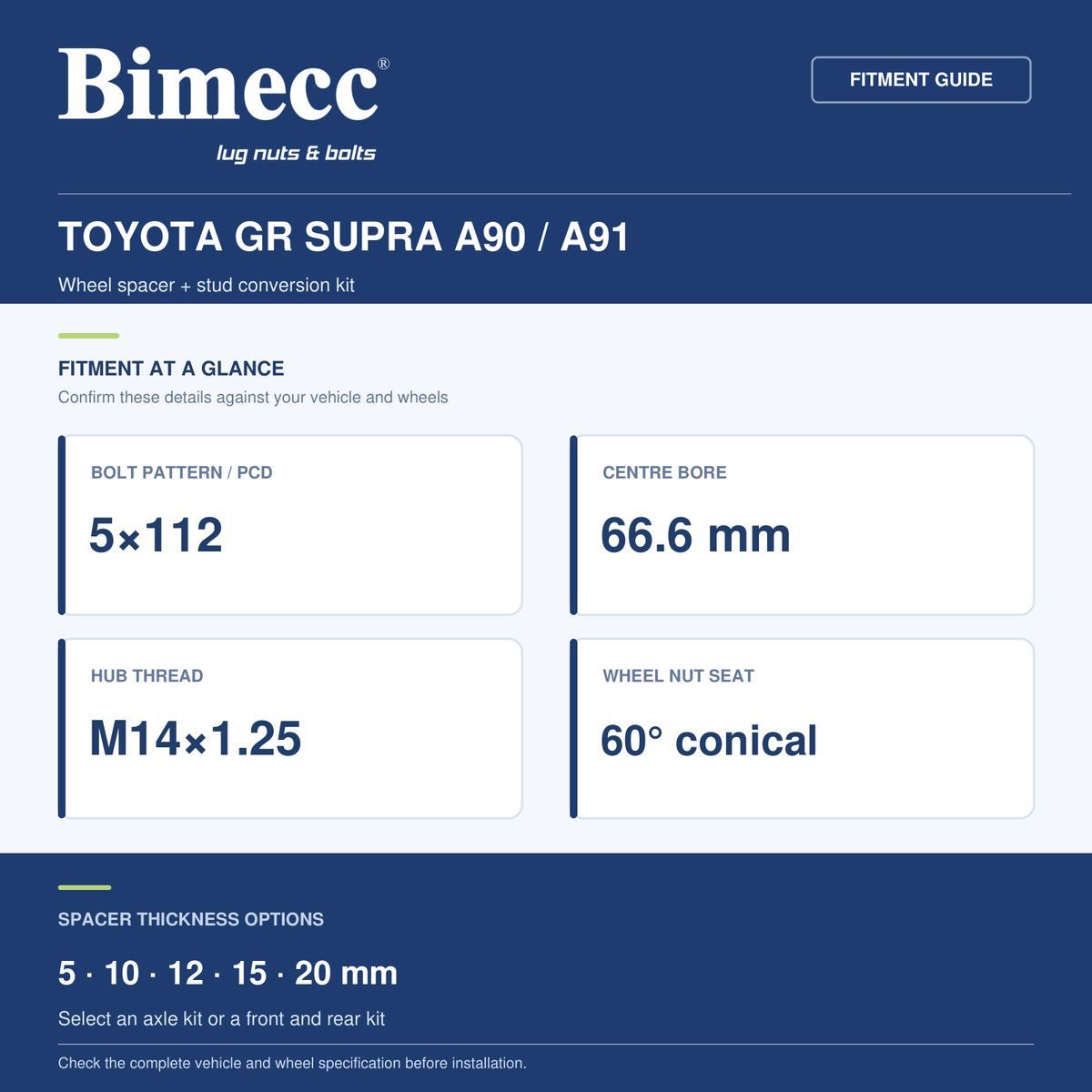 Bimecc Wheel Spacer + Stud Conversion Combo Kit - Toyota GR Supra A90 / A91 (5x112 / 66.6) — Bimecc branded fitment and specification guide
