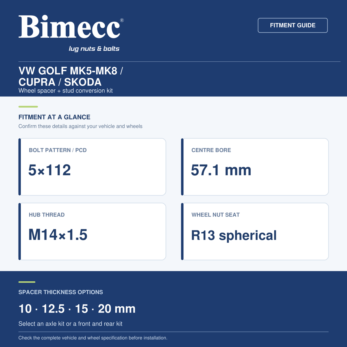 Bimecc Wheel Spacer + Stud Conversion Combo Kit - VW Golf Mk5-Mk8 / CUPRA / SKODA (5x112 / 57.1) — Bimecc branded fitment and specification guide