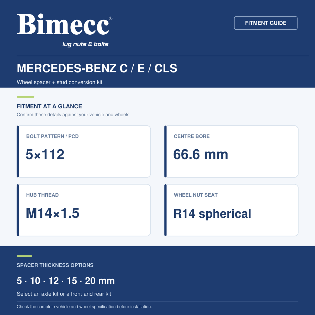 Bimecc Wheel Spacer + Stud Conversion Kit - Mercedes-Benz C / E / CLS (5x112 / 66.6) — Bimecc branded fitment and specification guide