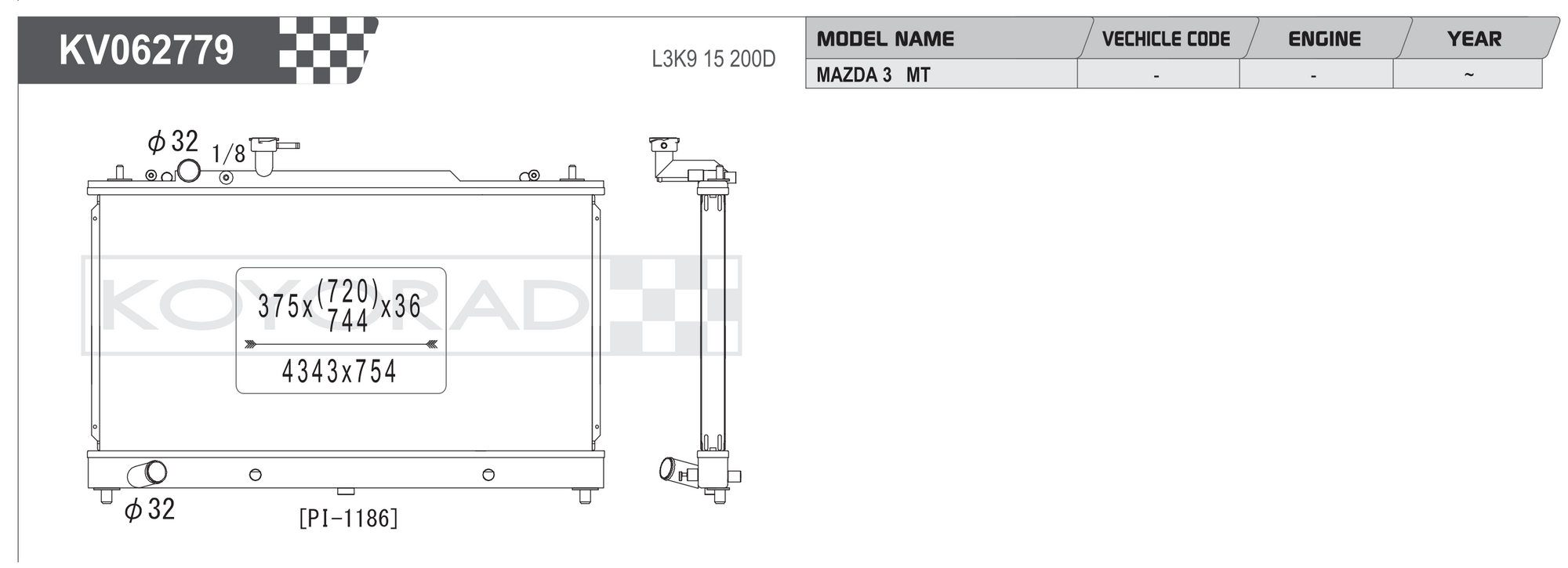 Koyorad KV062779 spec sheet — Mazda 6 / Mazda 3 MT L3K9 15 200D