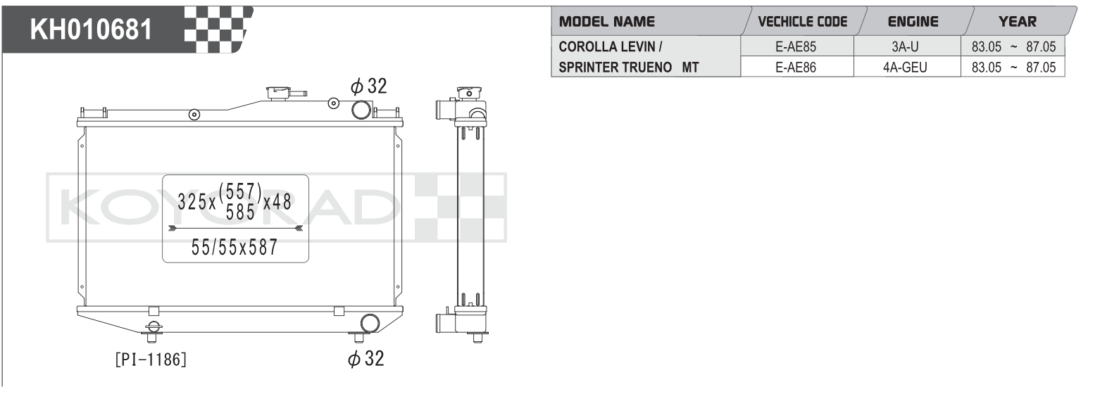 Koyorad Performance Radiator - Toyota Corolla Levin / Sprinter Trueno AE85 / AE86 MT 1983-1987