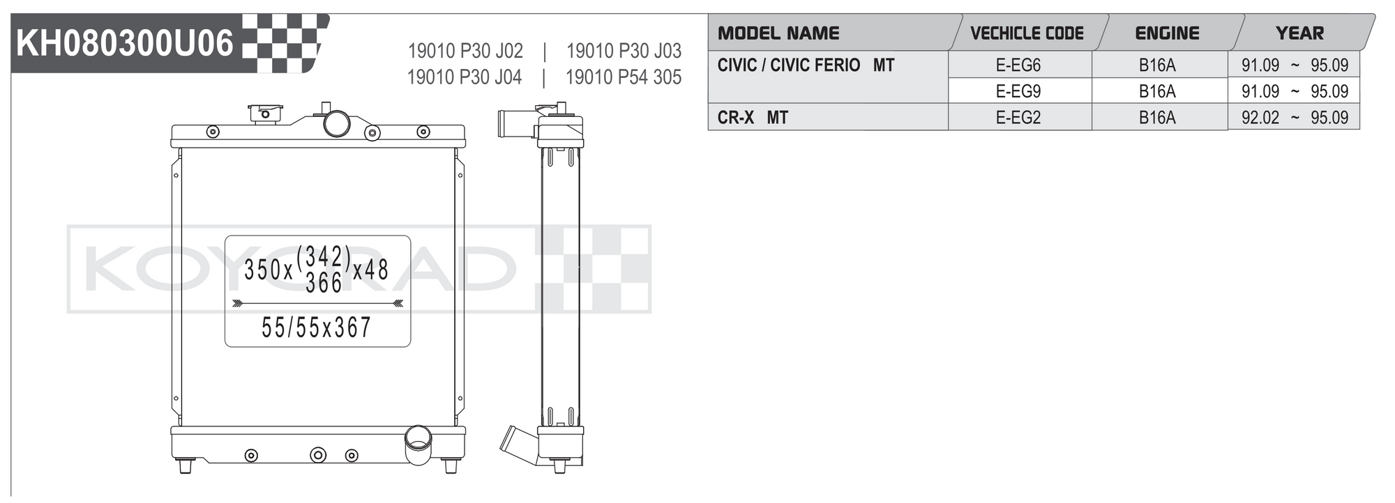 Koyorad KH080300U06 Performance Radiator - Honda Civic EG CR-X B16A MT dimensions diagram