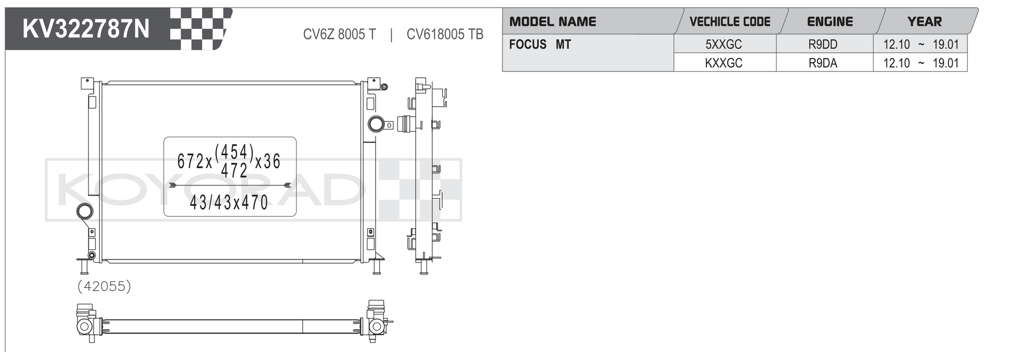 Koyorad KV322787N Performance Radiator - Ford Focus MT 5XXGC KXXGC dimensions diagram